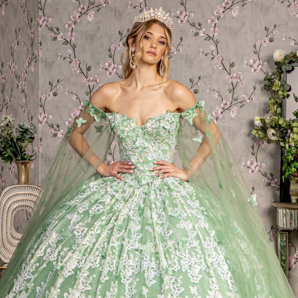 NEW SLEEVLEESS BALL GOWN EMBROIDERED WITH SEQUINS & BUTTERFLY APPLIQUE GL3451